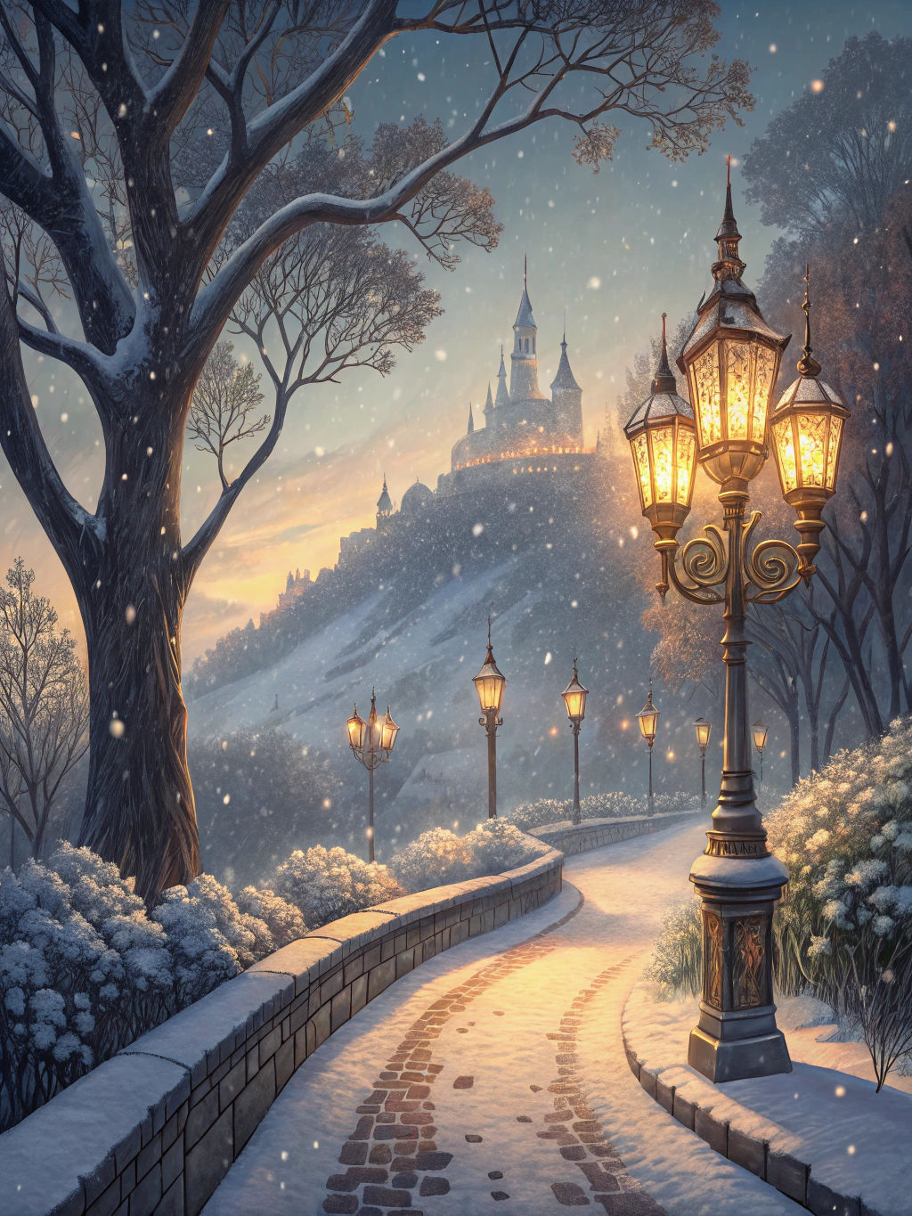 Snowy Promenade to Fairytale Castle at Dusk