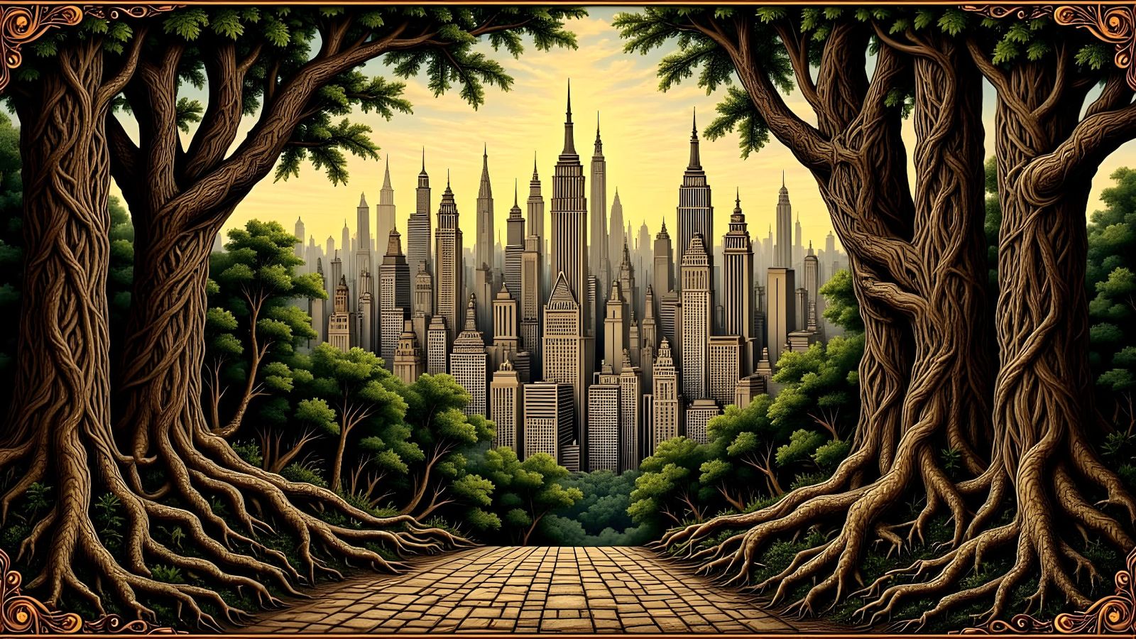 Ancient Tapestry Style: City and Forest Text