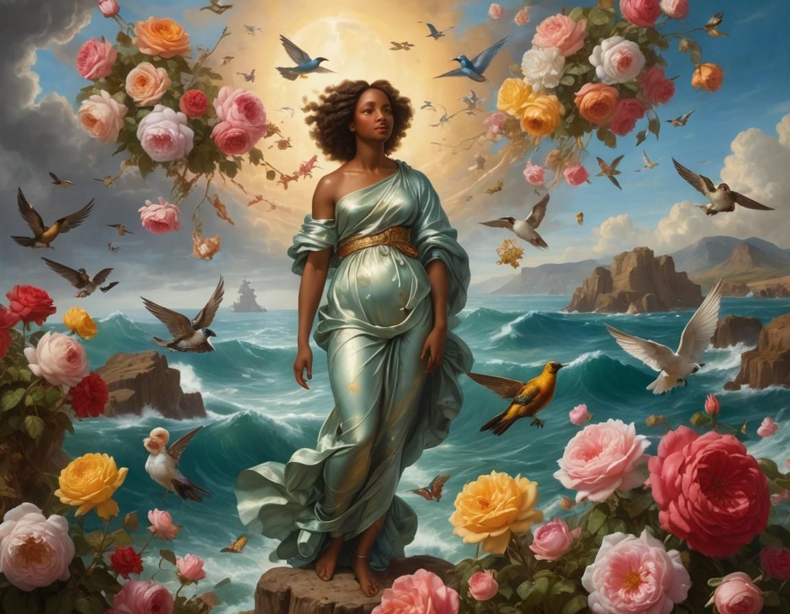 Afrocentric Venus Emerges from Rose in Baroque Style