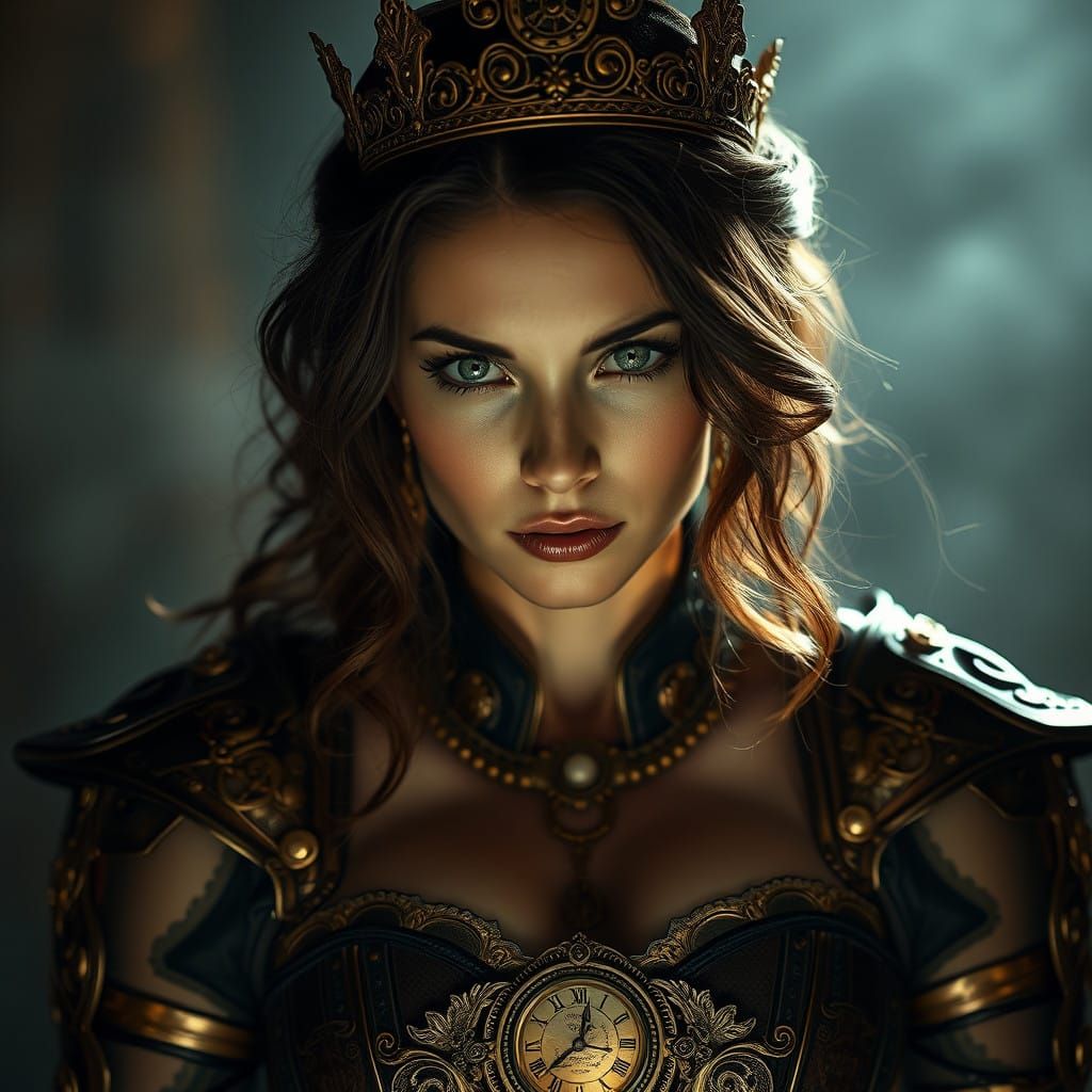 Regal Steampunk Goddess in Warm, Misty Atmosphere