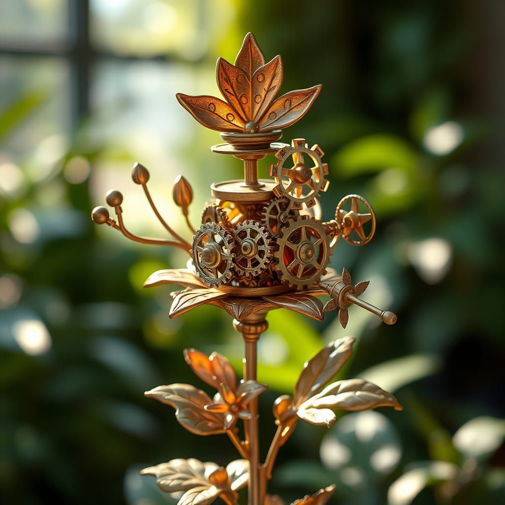 Steampunk Botanical Sculpture with Intricate Mechanical Deta...