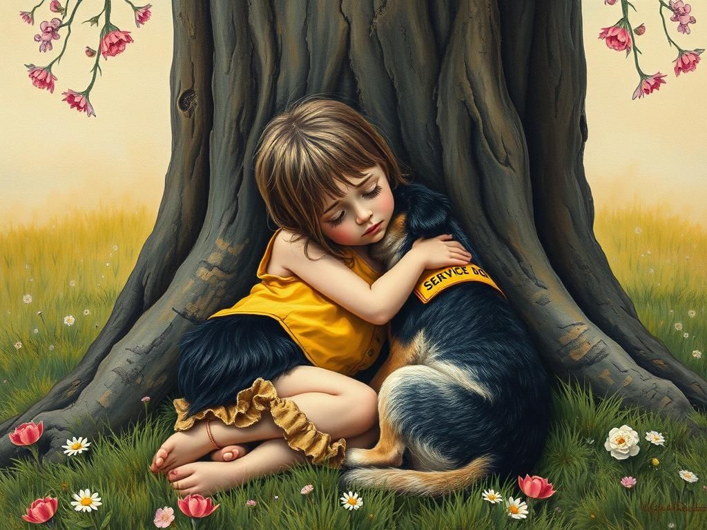 Girl Comforted by Service Dog: Photorealistic Painting
