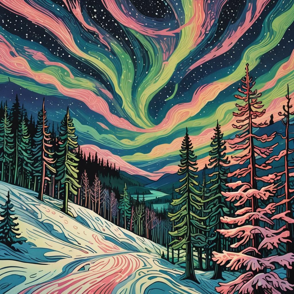 Majestic Aurora Borealis in Linocut Print