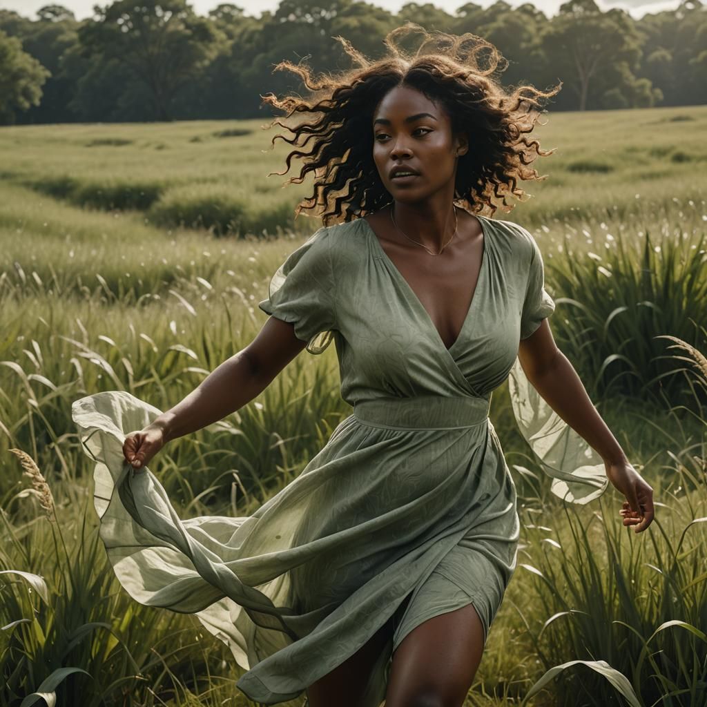 Cinematic Film Still: Girl Running in Lush Field