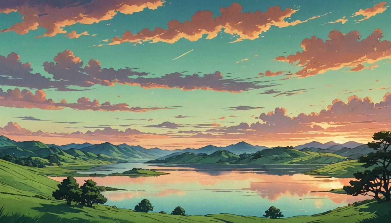 Anime Landscape with Sunset, Digital Art