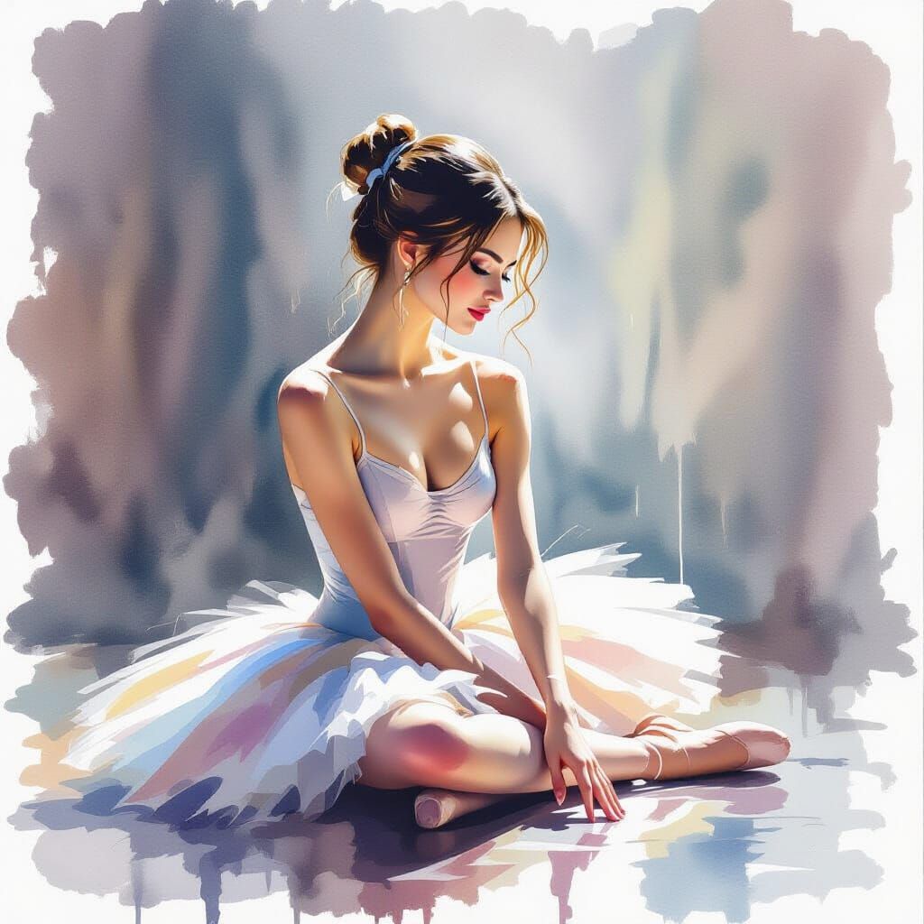 Ballerina with Water Droplets in Expressive Watercolor Style