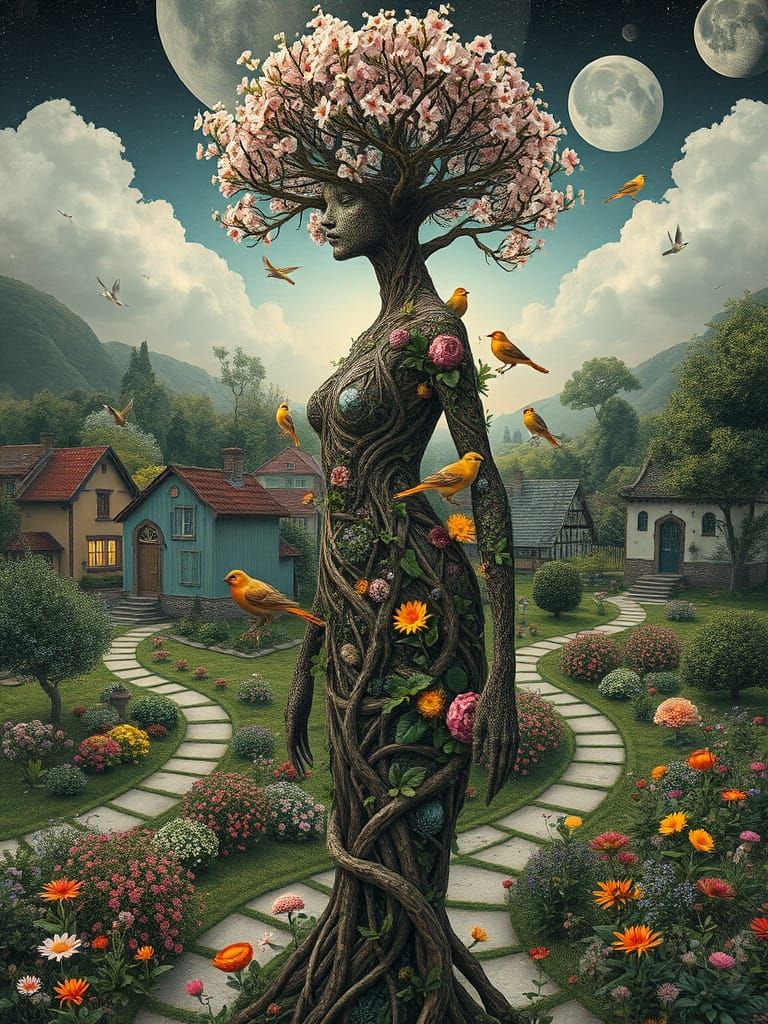 Surreal Tree Goddess in Springtime Village