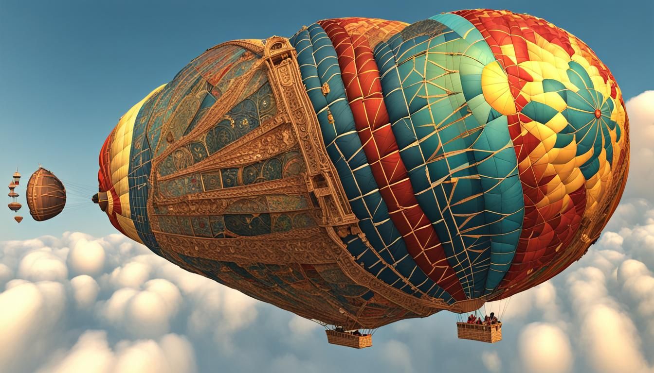 Hot air balloon up in the sky of Constantinople in the 15th century, Gounaropoulos, split-complementary colors tetradic...