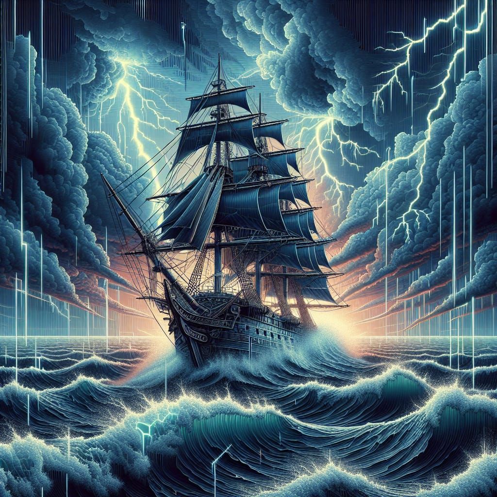 Cyberpunk Stormy Seascape with Ship in Turbulent Waters