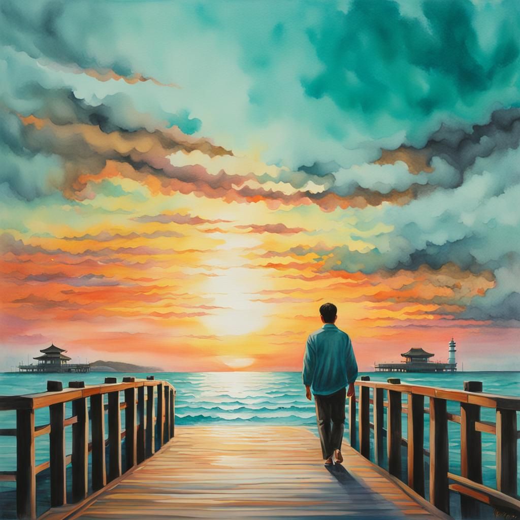 hyperrealistic chinese watercolor painting of a man walking along a pier in the center with a turquoise-colored beach an...