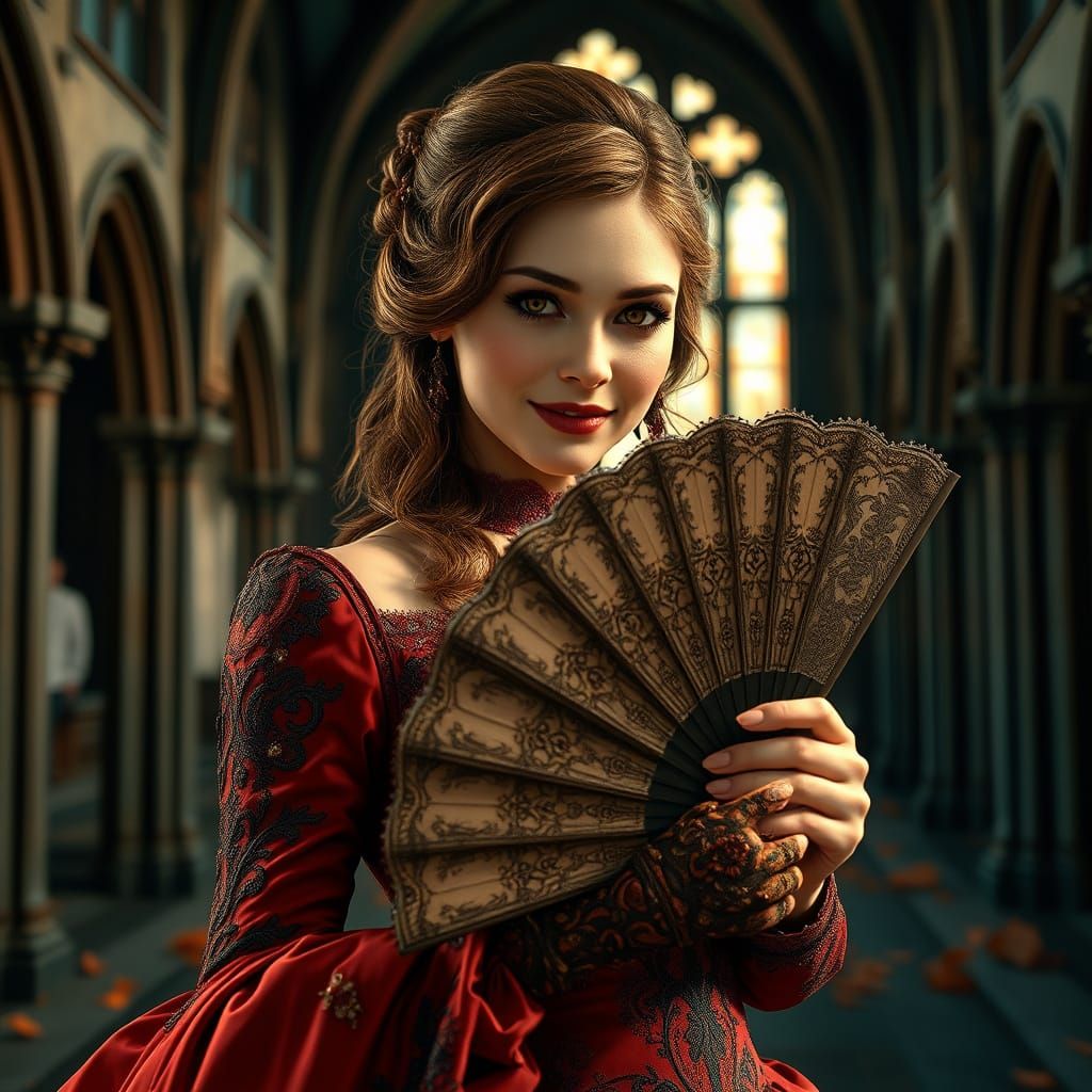 Victorian Woman Smiling in Abandoned Gothic Church