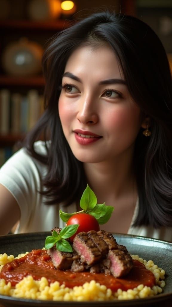 Hyperrealistic Portrait of Person Eating Osso Buco