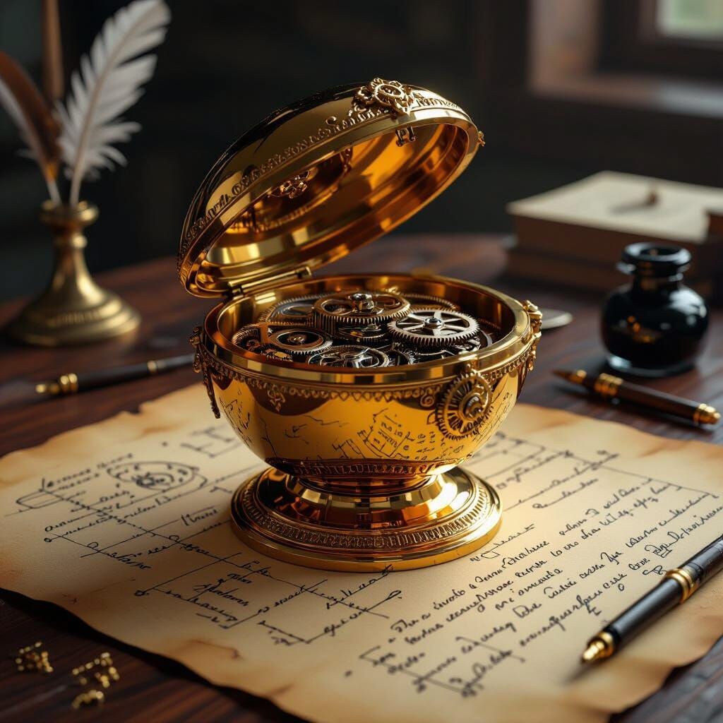 Golden Acorn Clockwork Device as Retrofuturistic 3D Render