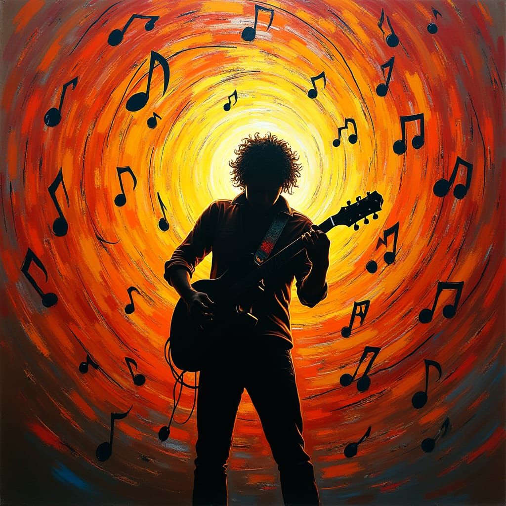 Musician's Silhouette with Abstract Musical Swirls