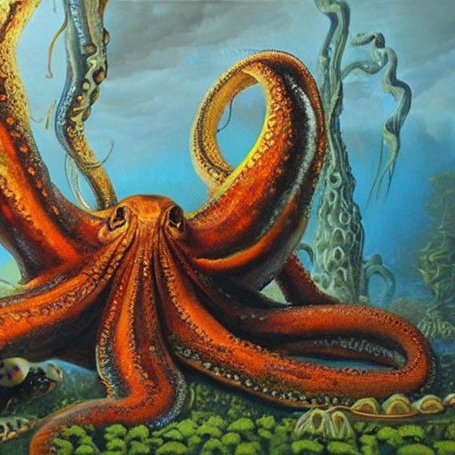 Giant Octopus Attacks Turtle in Burning Forest