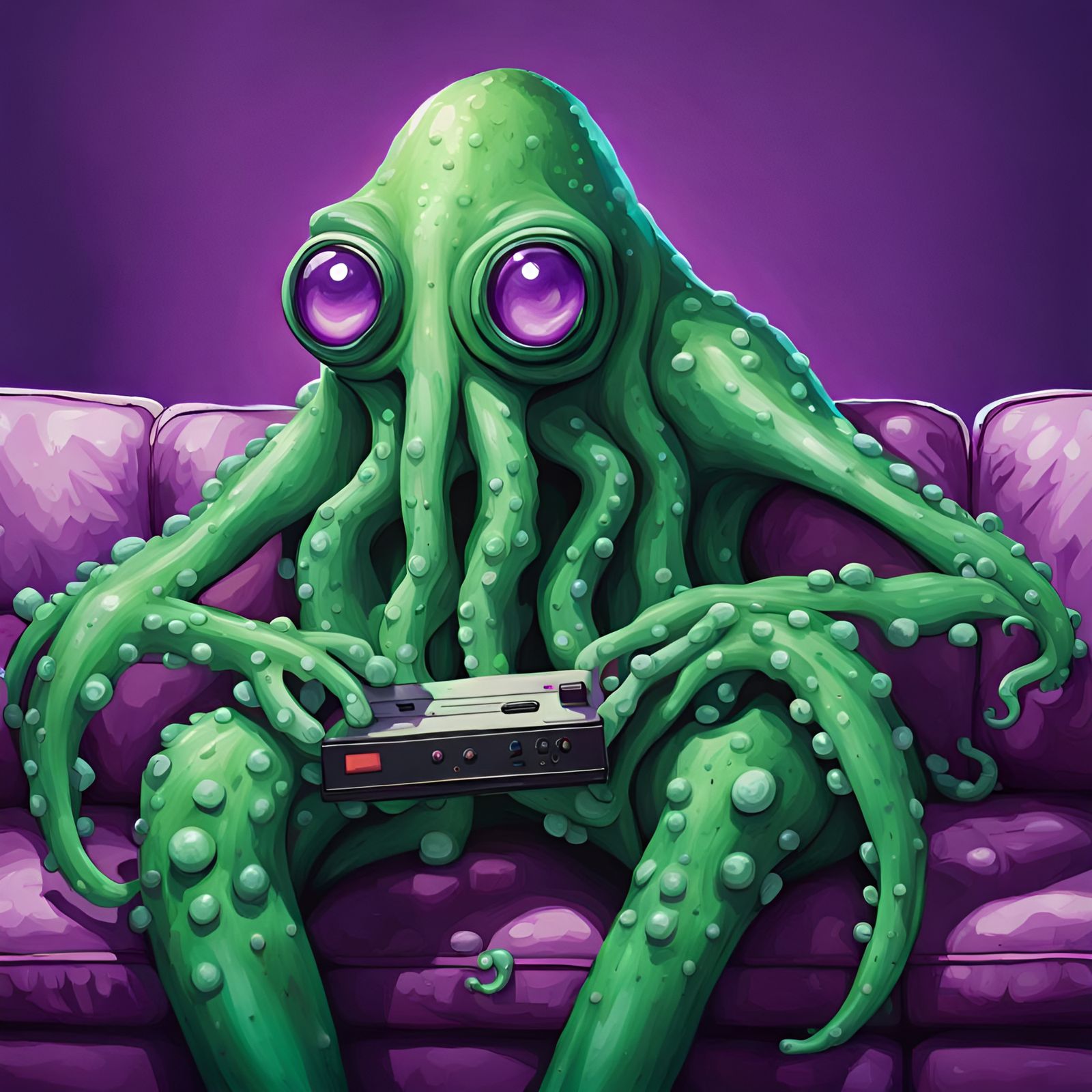 Green Squid Monster Playing Video Games
