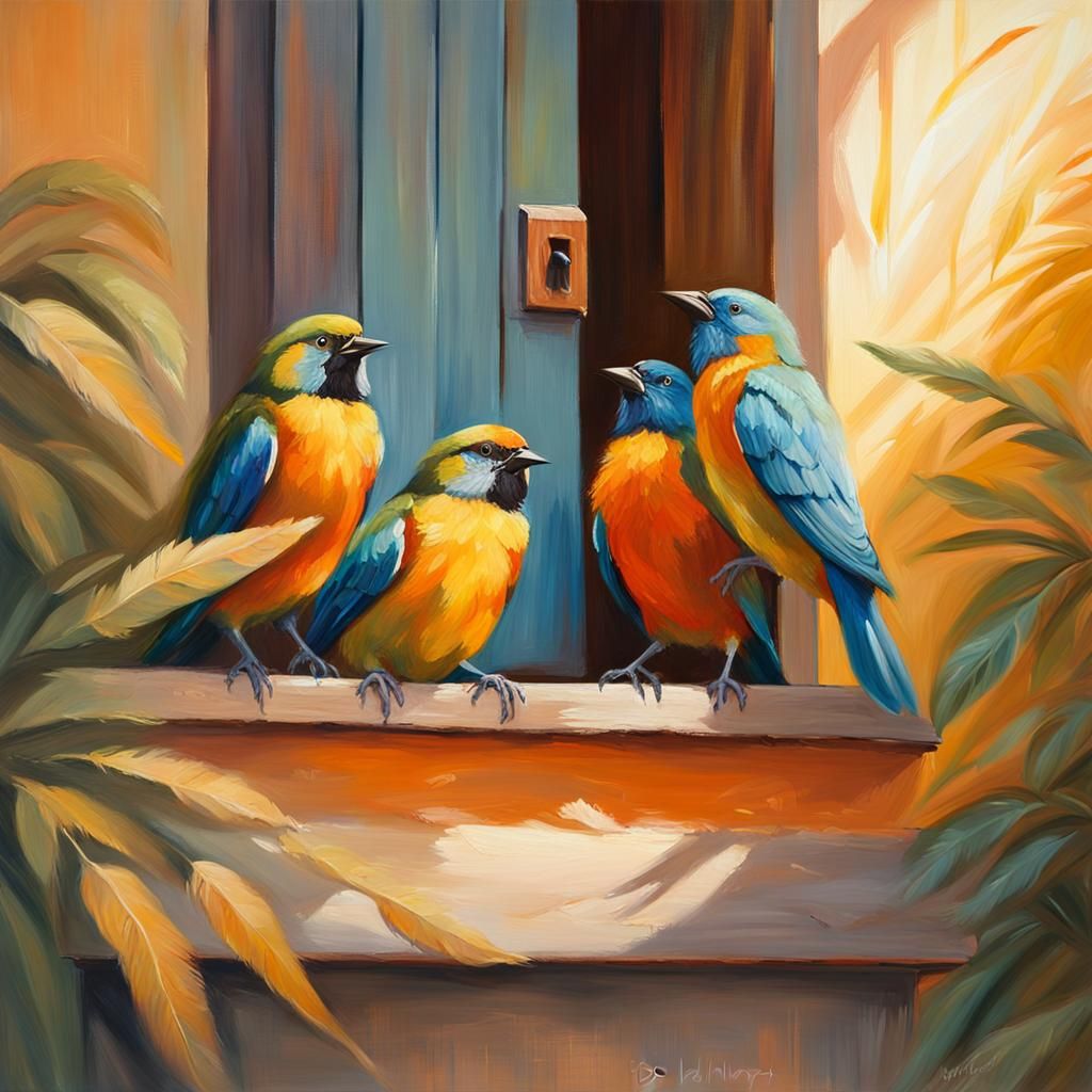 Birds Singing on Doorstep in Oil Painting Style