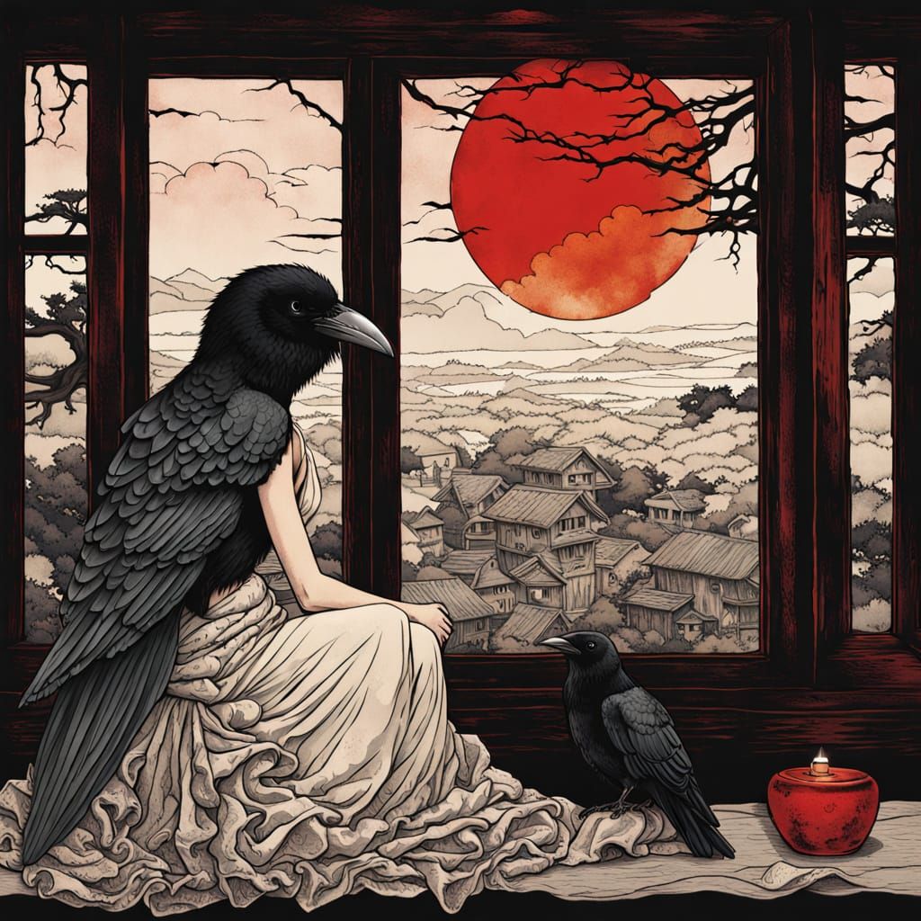 Ukiyo-e Style Illustration: Girl and Giant Raven