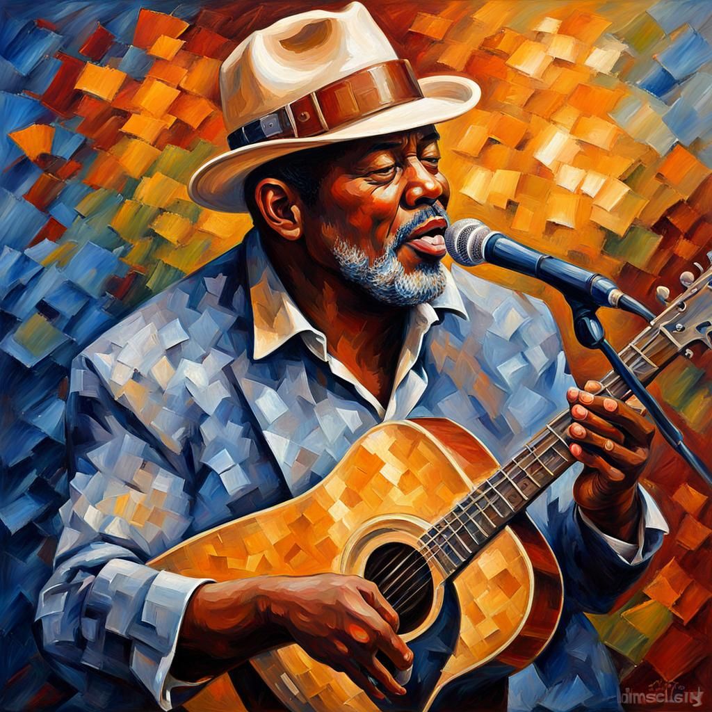 Blues Singer with Acoustic Guitar as Impasto Painting