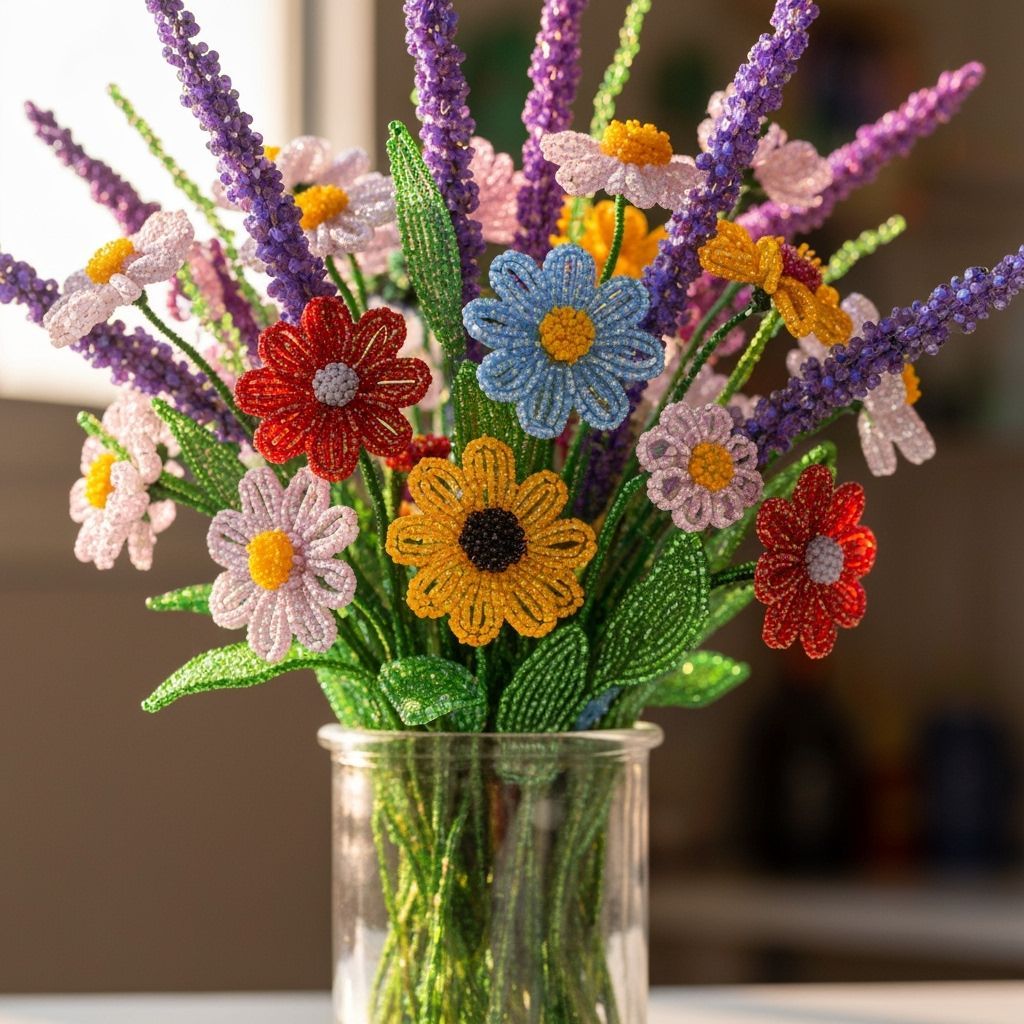 Vase of Wildflowers Crafted from Colorful Glass Beads