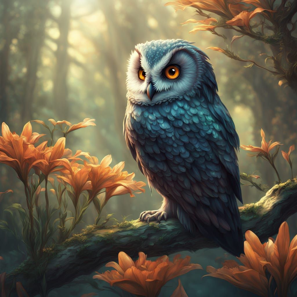 Impressionistic Owl on Gnarled Branch in Vibrant Colors