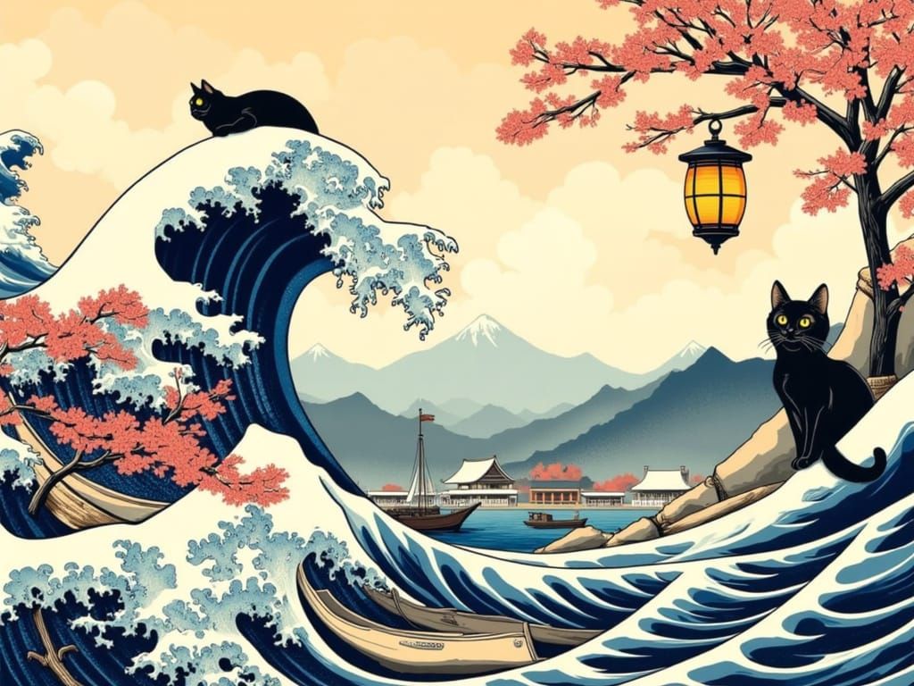 Gigantic Ocean Wave in Japanese Woodblock Style