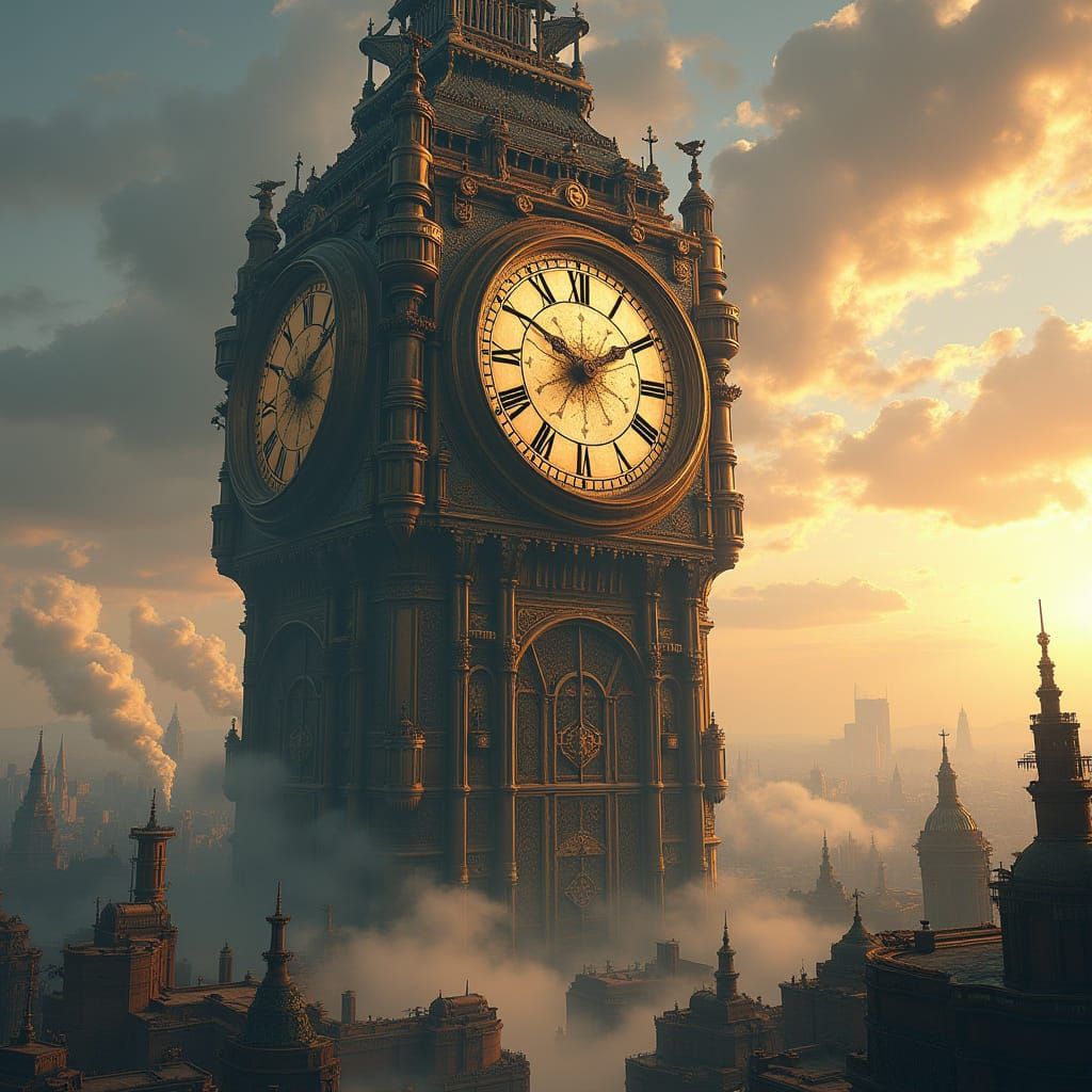 Sentient Steampunk Clock Tower Overseeing Metropolis