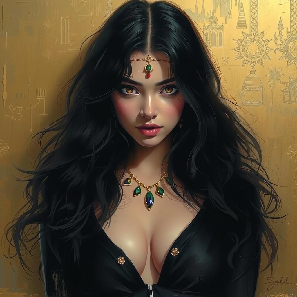 Indian Woman in Dark Luxe Gold Painting Style