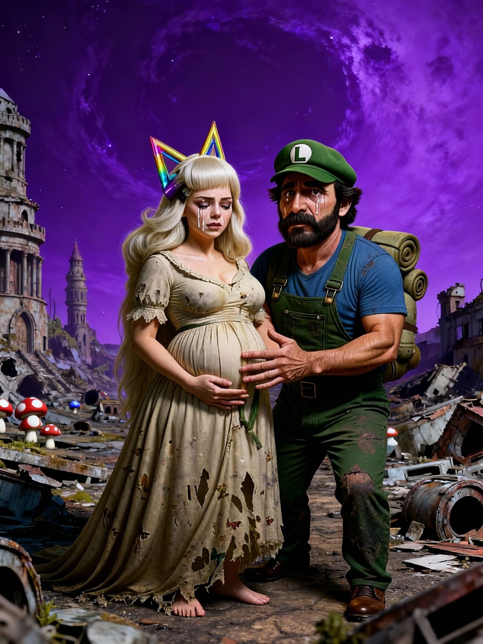Tearful Luigi and Wife Survivors in Ruined Mushroom Kingdom