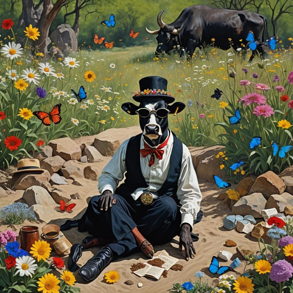 Surreal Cow with Ballerinas in a Gothic Landscape