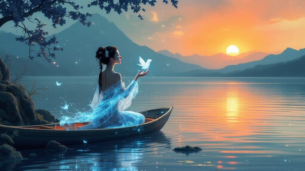 Bioluminescent Bird on Lake: Ukiyo-e Style Landscape