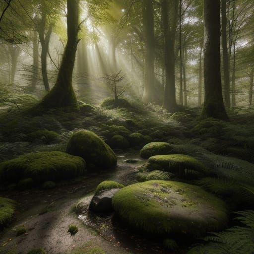 Weathered Rock Formation in Serene Forest Landscape