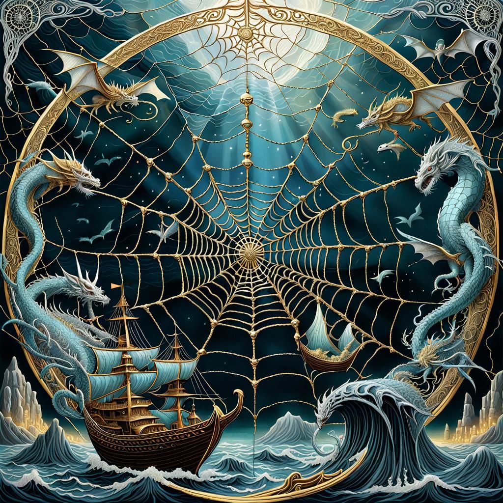 Spiderweb Sea with Viking Ships in Surreal Style