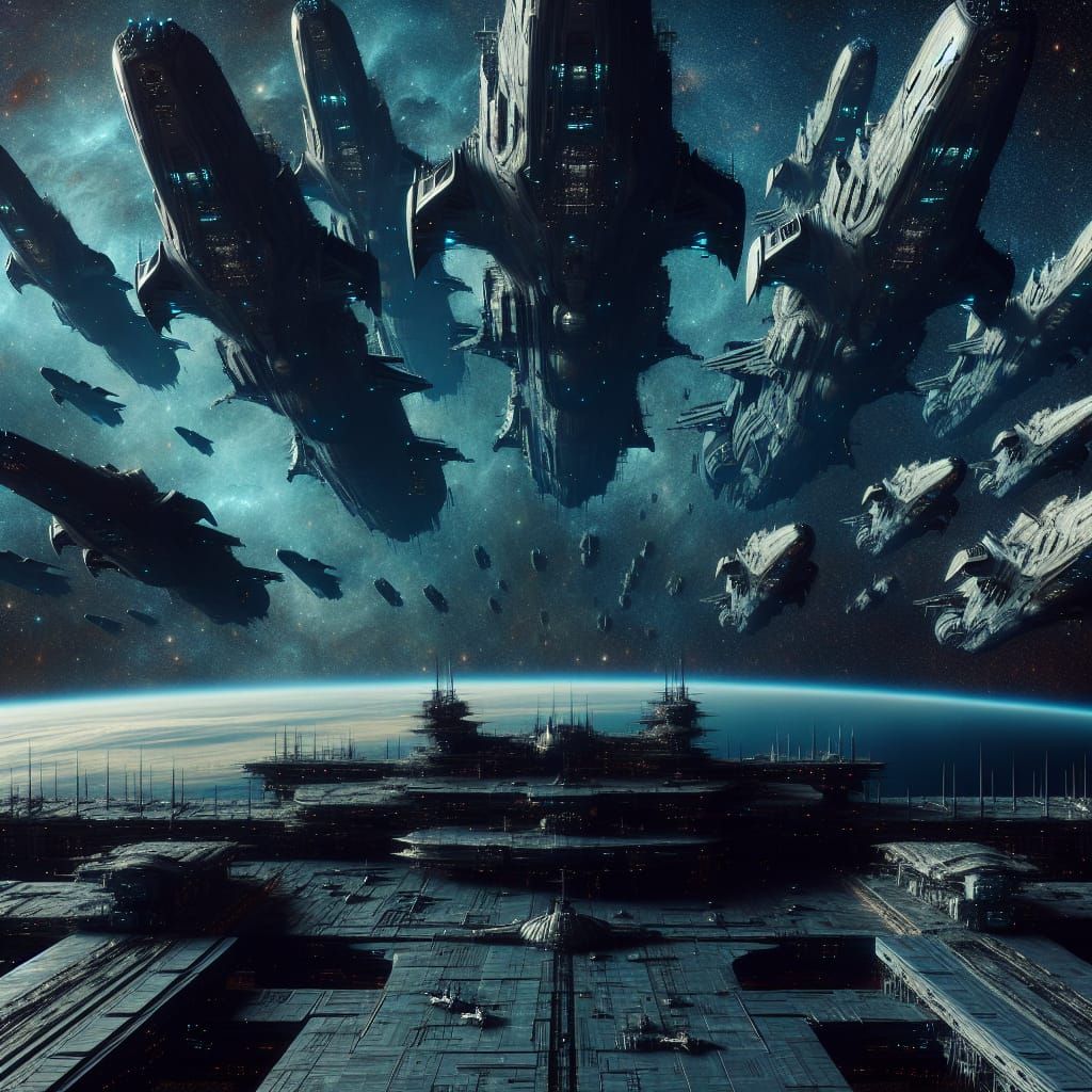 Colossal Spaceships Hovering Above Space Station