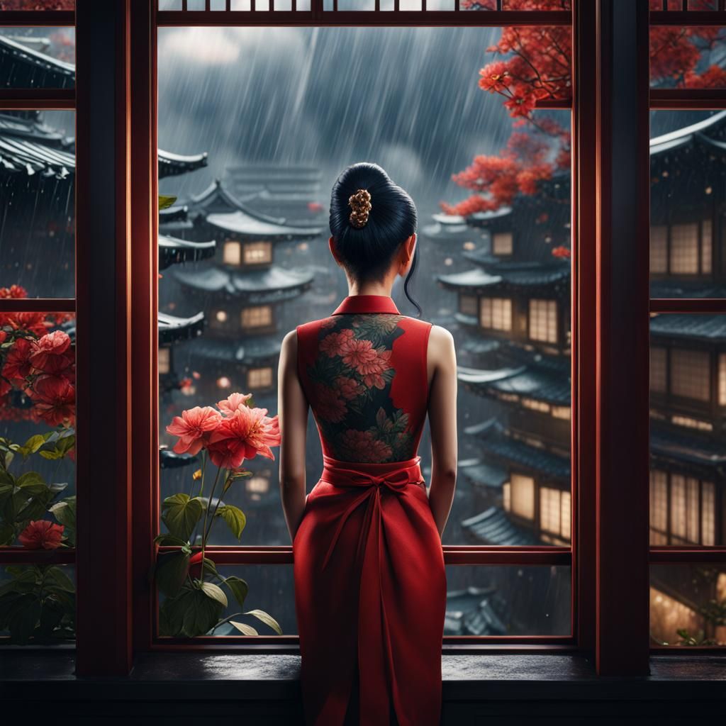 Woman with Tattoo Gazing at Rainy City, Digital Art