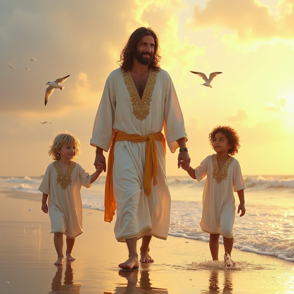 Jesus in a Calming Beach Scene with Children, in a Cinematic...
