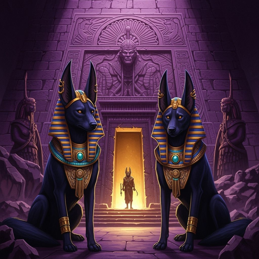 Black Jackals in Pharaoh Headdress Before Lost Tomb