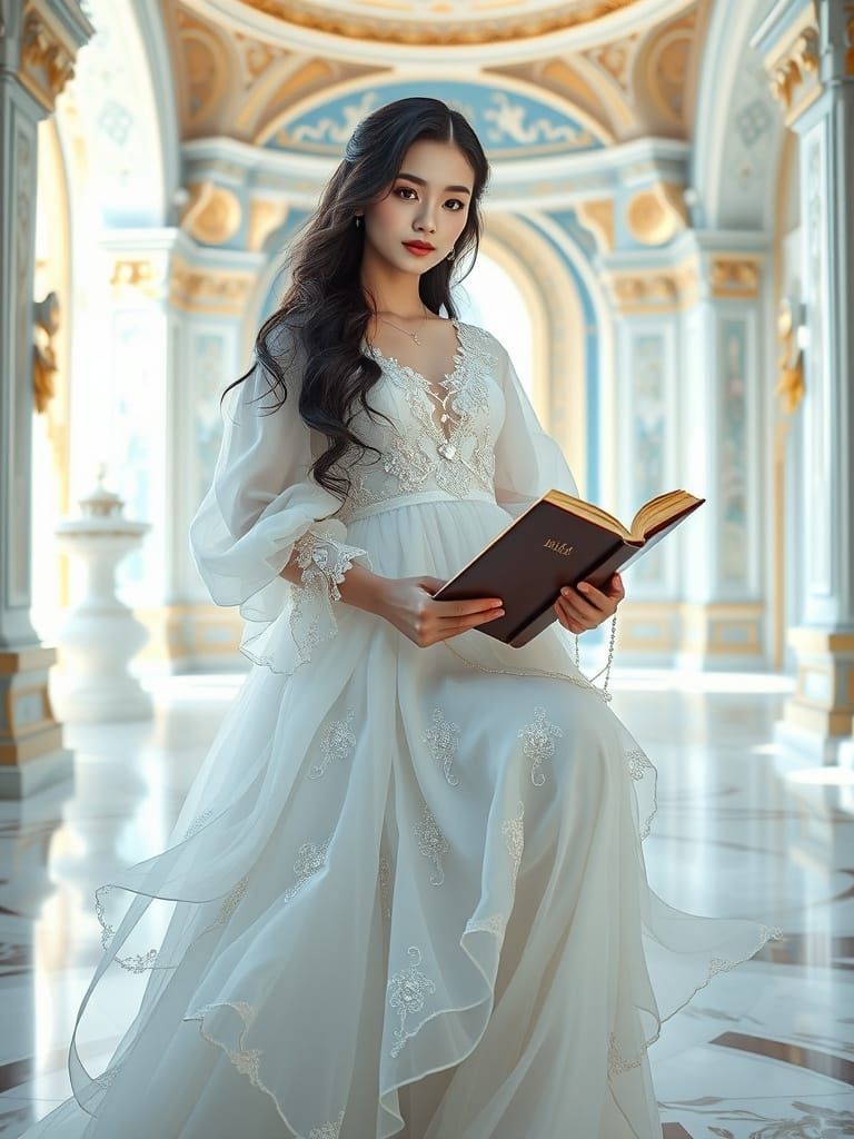 Ethereal Asian Woman Reading Bible in Palace