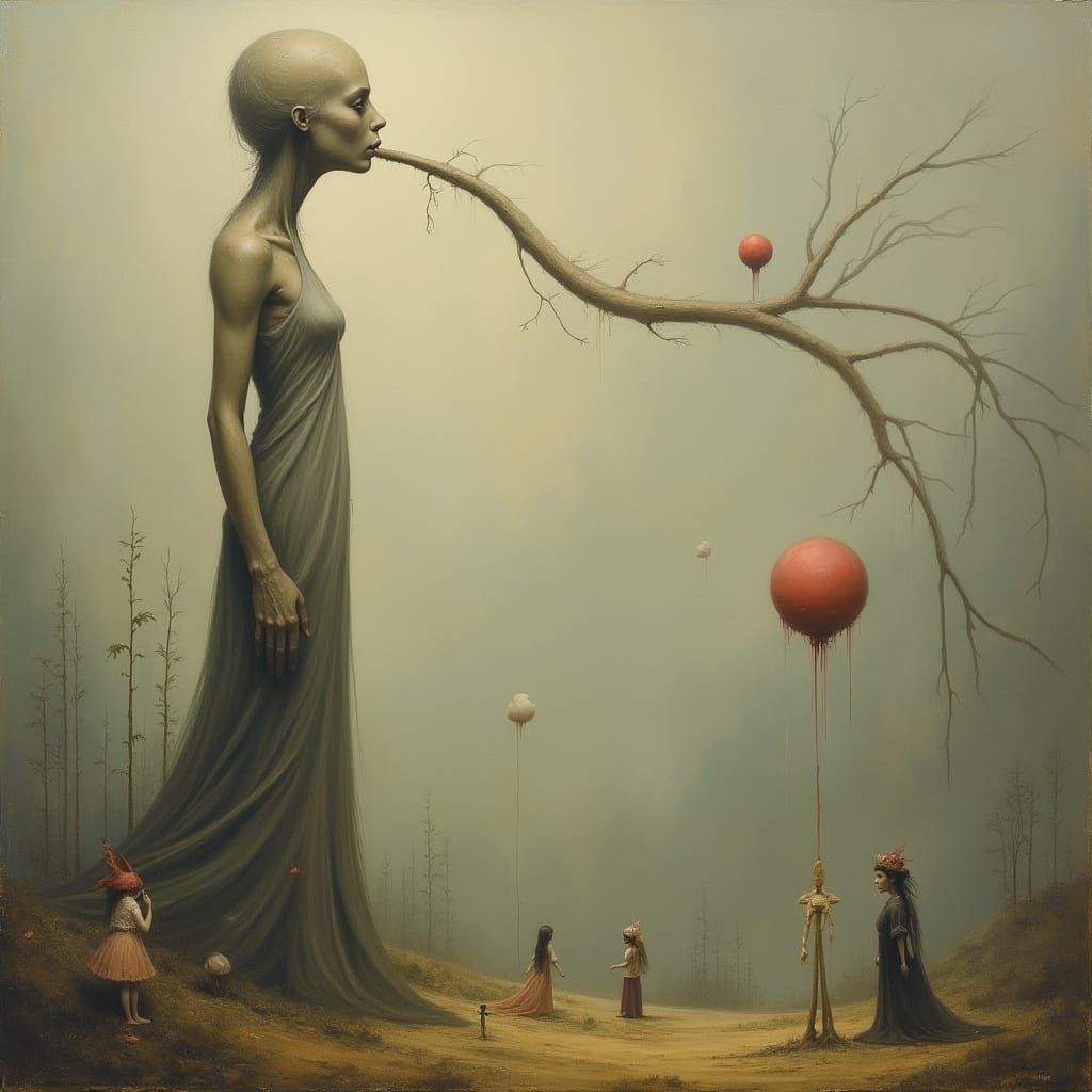 Surreal Elongated Figure in Dreamlike Landscape
