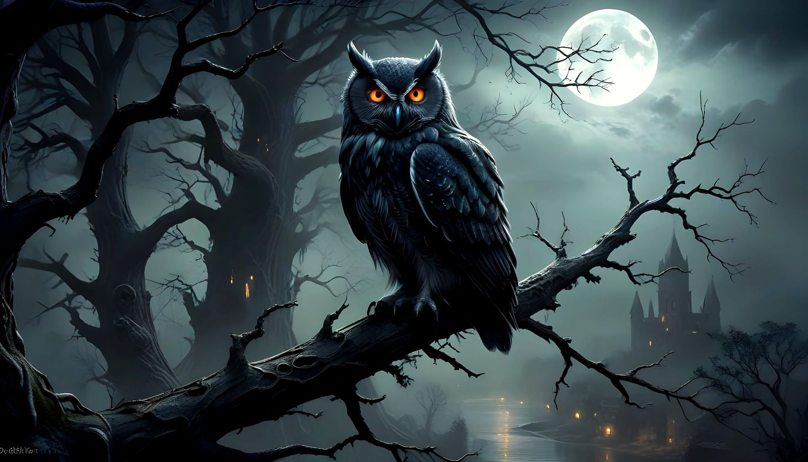 Spectral Owl Over Desolate Cityscape in Dark Fantasy Style