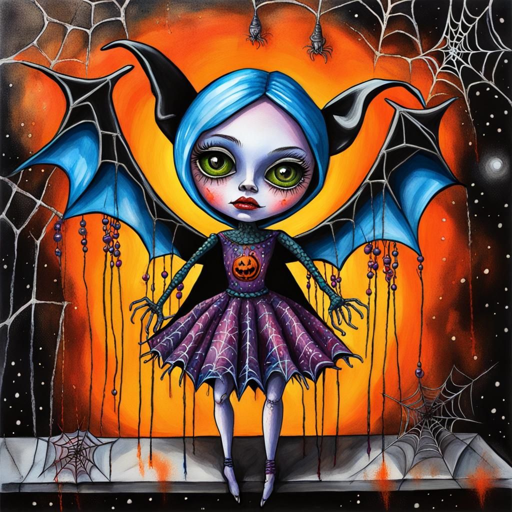 Bat Winged doll on Halloween night ,Water color and colored pencil drawing of a Halloween witchy Spider woman wearing be...