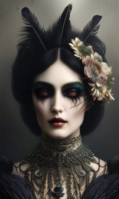 Beautiful Woman, Crows, insanely detailed & intricate dress with black feathers, pearls, iridescent onyx, beautiful face...