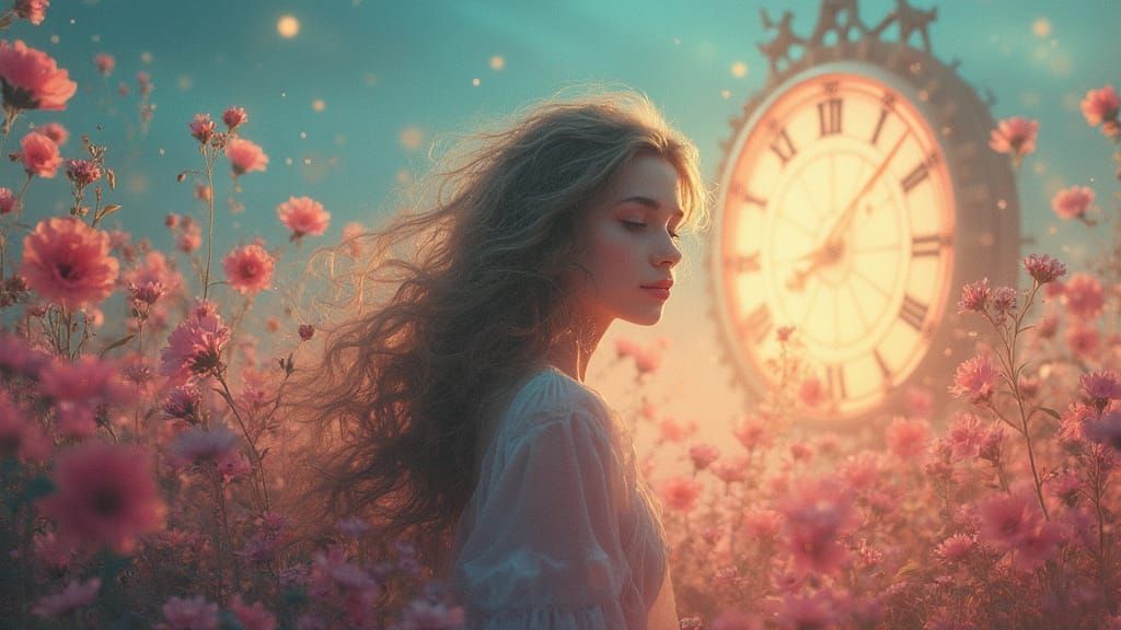 Ethereal Woman with Infinity Clock and Rainbow Horizon