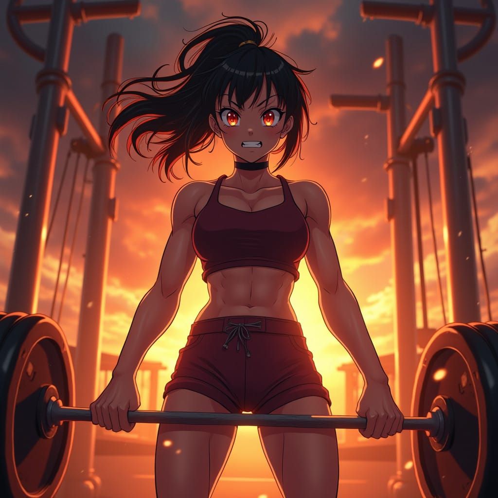Determined Anime Warrior Ignites Fury in Sunset-Lit Gym