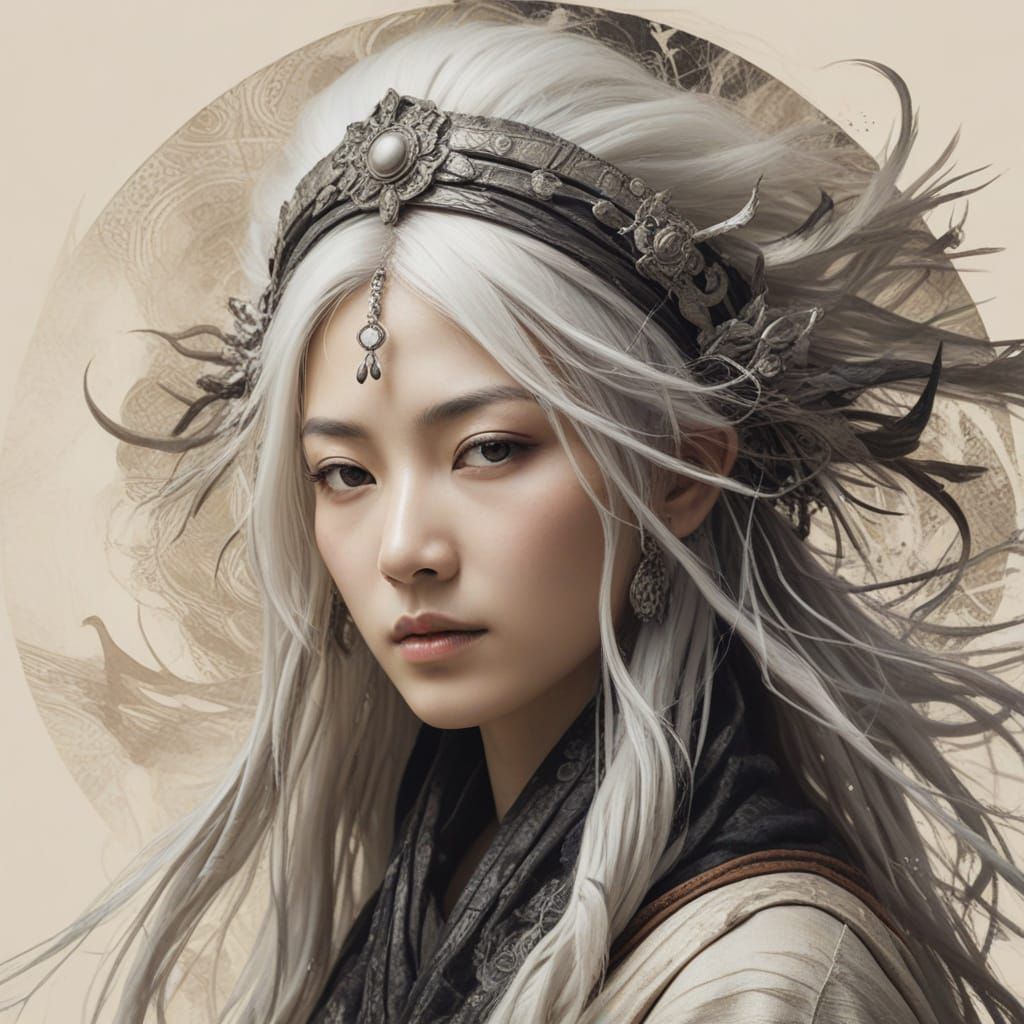 Ethereal Charcoal Portrait of a Nomadic Sorceress