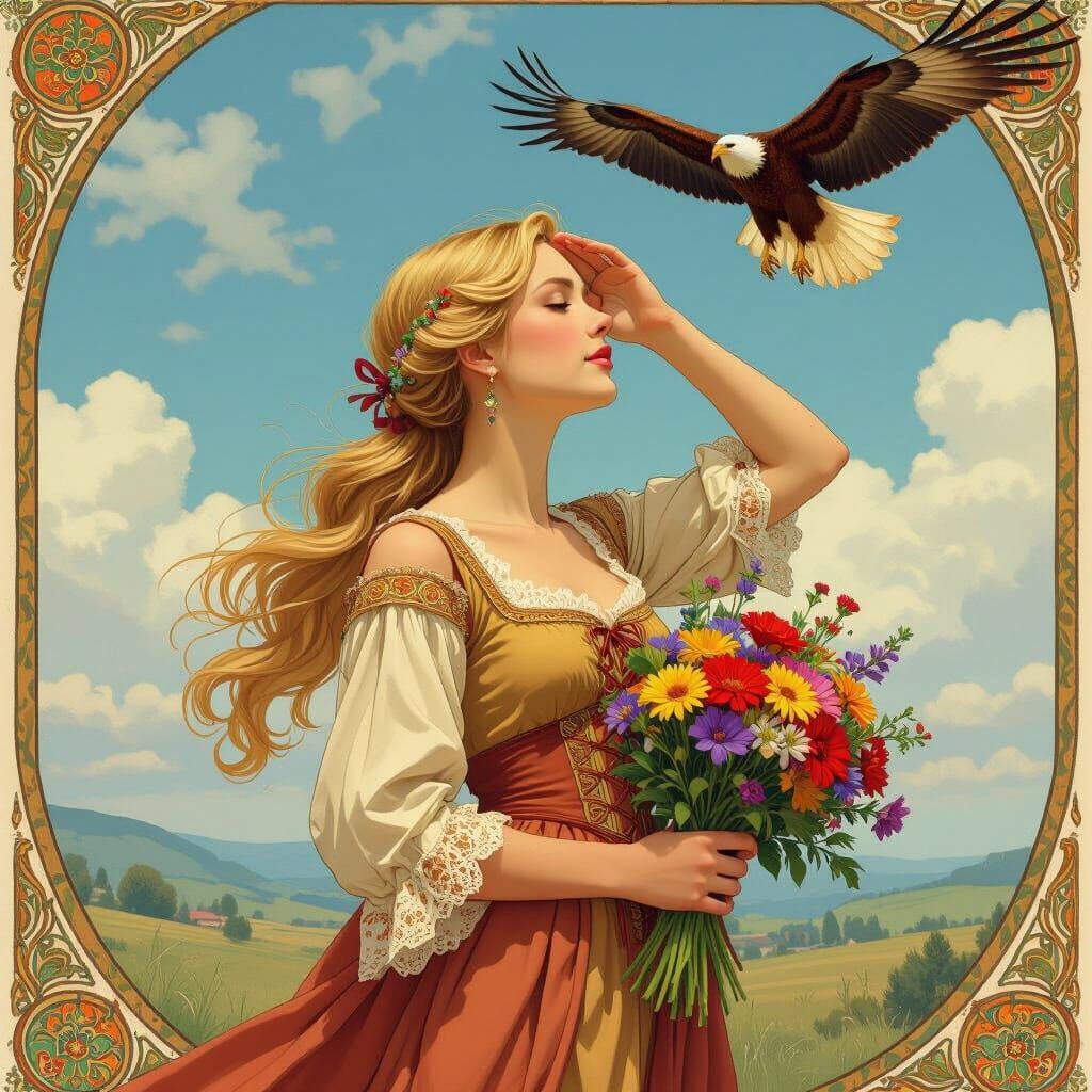 Medieval Woman Gazing at Eagle, Art Nouveau Style