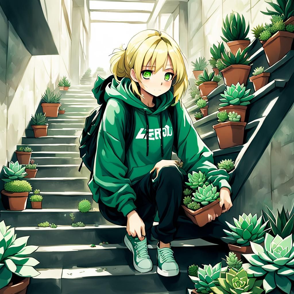 Anime Girl Overloaded with Succulents