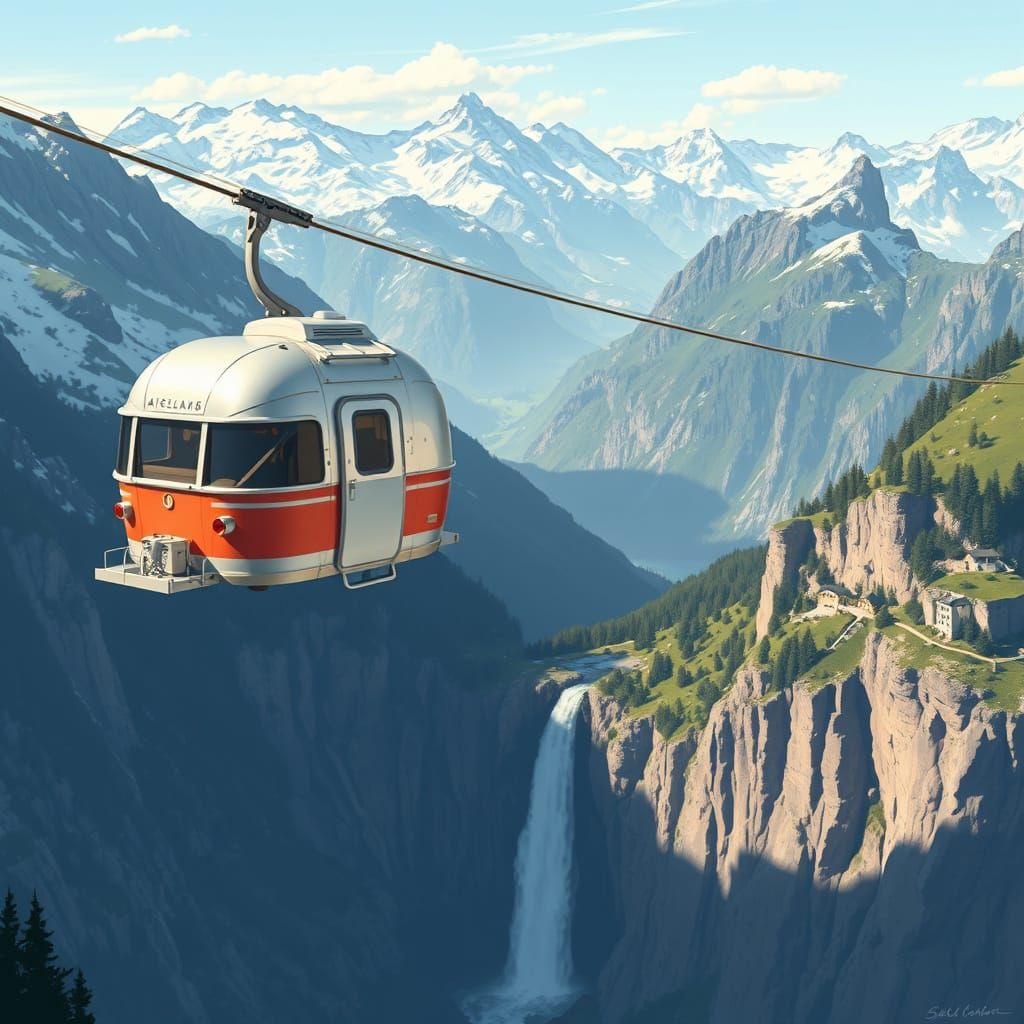 Retro-Futuristic Airstream Cable Car Over Swiss Alps