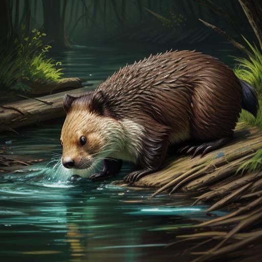 Beaver Building Dam: Hyperrealistic Splash Art