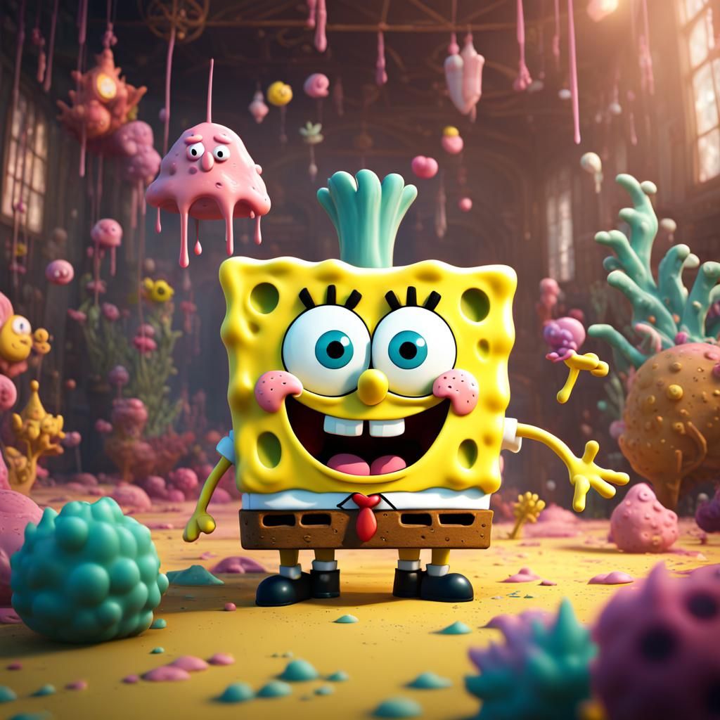 Girly SpongeBob: Detailed Matte Painting in Deep Color